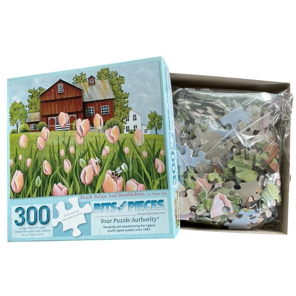 300 Pieces Puzzle Bits and Pieces Peach Tulips and Bumblebees Complete Pre-Owned